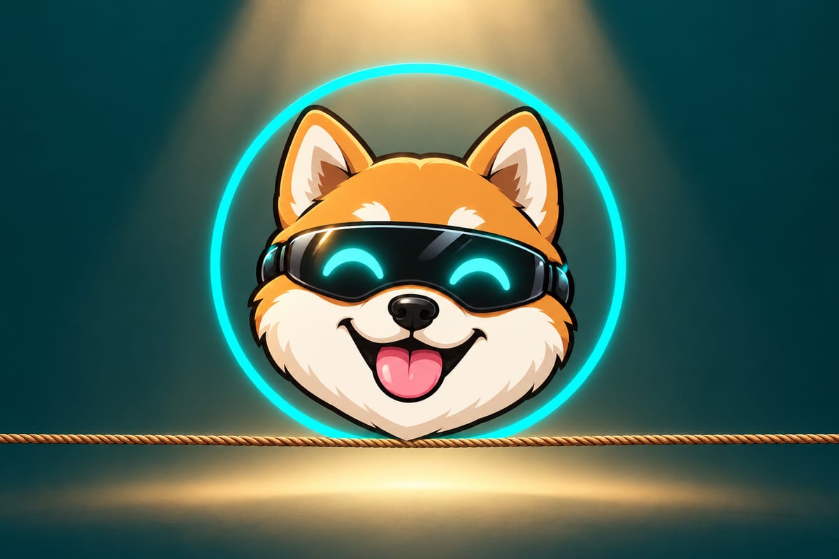 Hypewire's neon turquoise ring rests on a single taut horizontal tightrope against a dark teal background. Inside the ring, the tan-and-white Shiba Inu head smiles with a pink tongue beneath a glossy black visor with glowing turquoise eyes.